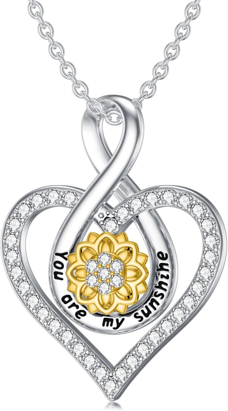 Sterling Silver Flower Necklace (Sunflower Lily Daffodil Lotus Daisy Rose Hibiscus Lavender Scottish Thistle Forget Me Not) Flower of Life Jewelry Gifts for Women-Spinning Sunflower