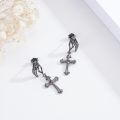 wholesale 925 Sterling Silver Black Cross with Orange Stone and Skeleton Hands Gothic Drop Earrings-0-2