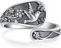 wholesale S925 Sterling Silver Vintage Hummingbird Spoon Ring with Floral Engraved Antique Design, Adjustable Size, Hypoallergenic-0-0