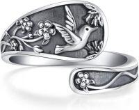 wholesale S925 Sterling Silver Vintage Hummingbird Spoon Ring with Floral Engraved Antique Design, Adjustable Size, Hypoallergenic-Hummingbird