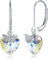 wholesale 925 Sterling Silver Butterfly & Heart Shape Swarovski Elements Drop Earrings Gift for Her-White Heart Crystal