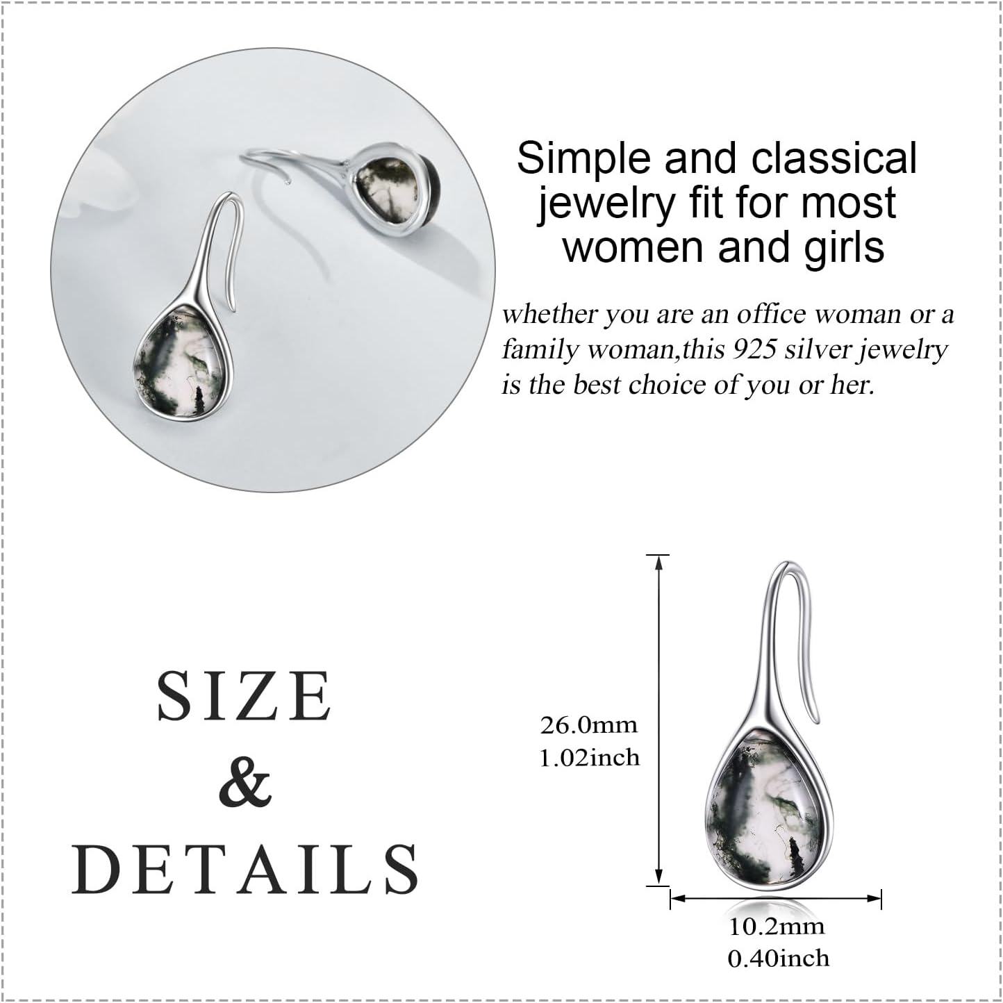 925 Sterling Silver Moss Agate Teardrop Threader Earrings for Women - Natural Stone Drop Dangles-0-4