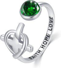 wholesale 925 Sterling Silver Christian Cross Dainty Open Wrap Stacking Ring for Women-02-Green