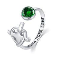 wholesale 925 Sterling Silver Red Crystal Rings Wholesale Faith Hope Love Adjustable Open Band-02-Green