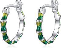 wholesale 925 Sterling Silver Bamboo Green Enamel Leaf Hoop Earrings 16mm Small Huggie Jewelry for Women-Green Bamboo Hoop