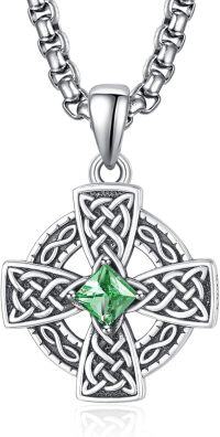wholesale 925 Sterling Silver Birthstone Celtic Cross Necklace for Men Irish Jewelry 2 5mm 22 +2 Rolo Chain-05-May Birthstone
