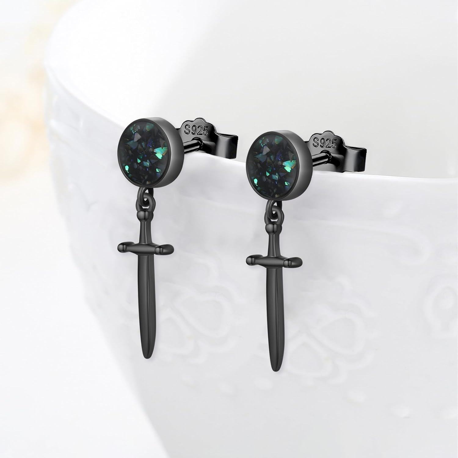 925 Sterling Silver Sword & Cross Dangle Drop Earrings with Black Abalone Shell and Turquoise Accents-0-2