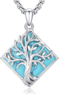 wholesale 925 Sterling Silver Square Turquoise Tree of Life Pendant Necklace for Women-Square Turquoise