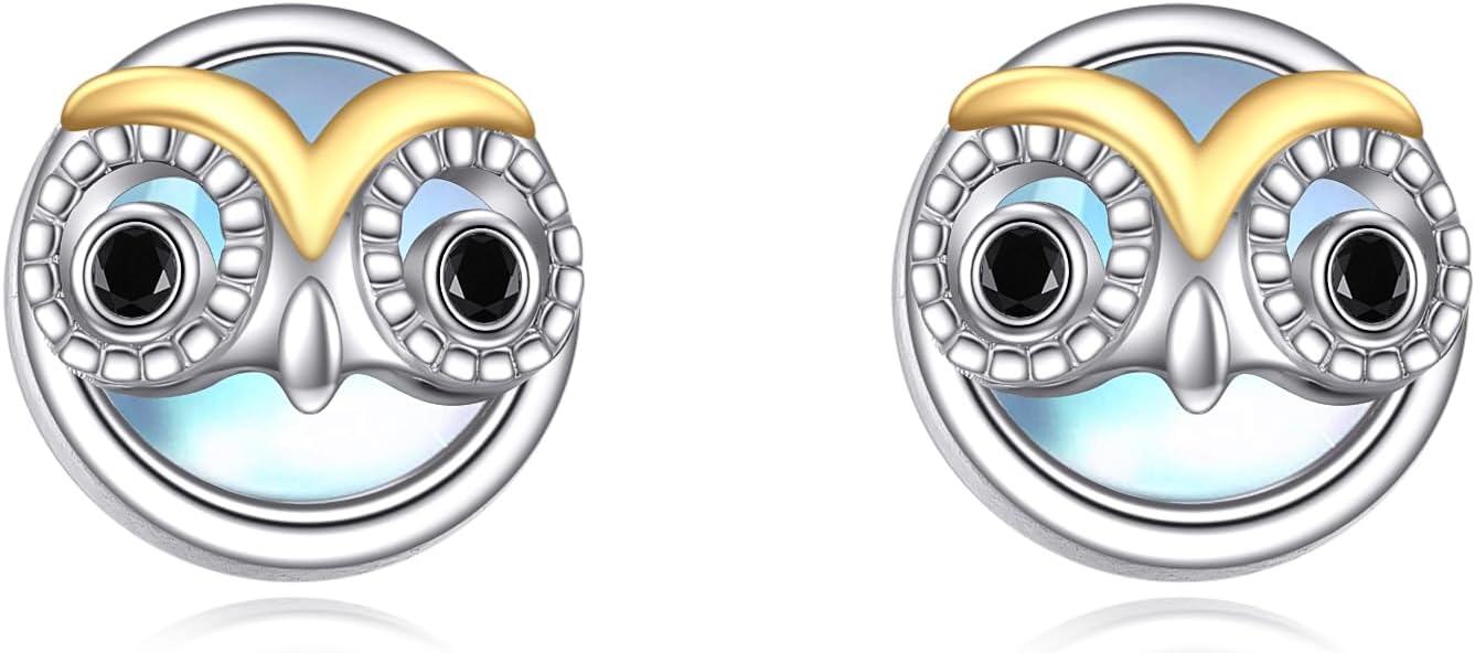 Sterling Silver Moonstone Cat Panda Fox Cow Owl Stud Earrings for Women-Owl Earrings