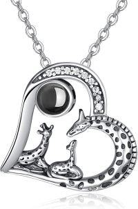 wholesale 925 Sterling Silver Mother and Baby Giraffes in Heart Shape with Black Onyx Stone Pendant Necklaces for Women/Mom/Grandma s-Oxidized Silver-Custom Photo