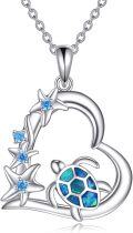wholesale 925 Sterling Silver Blue Opal Sea Star & Turtle Wave Compass Pendant Necklace for Women Girls  45cm Chain Length-0-0
