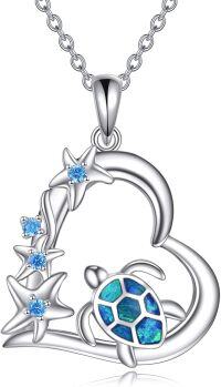 wholesale 925 Sterling Silver Blue Opal Sea Star & Turtle Wave Compass Pendant Necklace for Women Girls  45cm Chain Length-Turtle