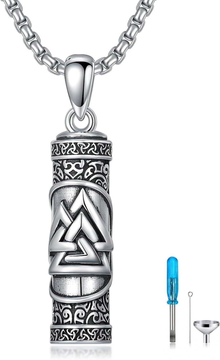 925 Sterling Silver Viking Valknut Cylinder Pendant with Funnel and Cleaning Brush Set - Memorial Keepsake Jewelry-0-0