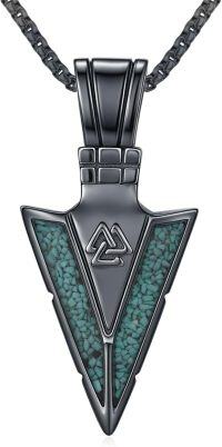 wholesale 925 Sterling Silver Turquoise Inlay Triangle Norse Symbol Mens Pendant Necklace-black