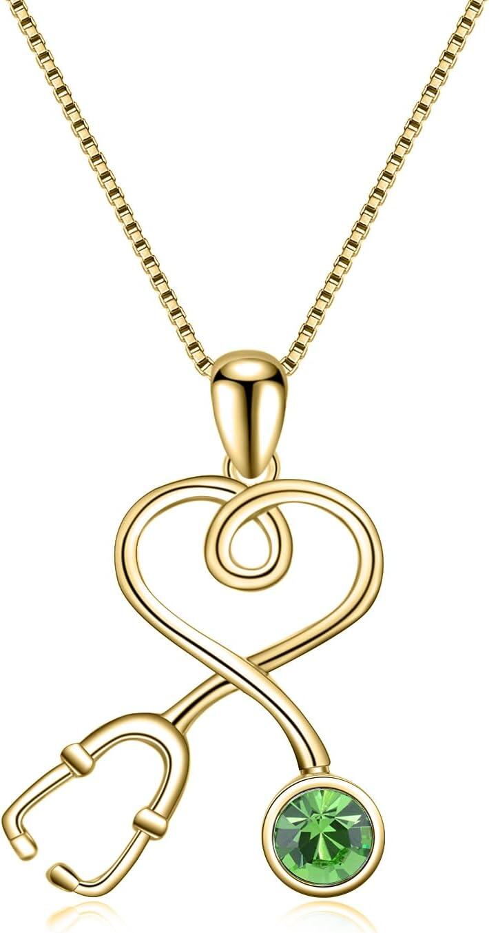 wholesale 925 Sterling Silver Plated Gold Infinity Heart Stethoscope Pendant Necklace with Cubic Zirconia Accent for Nurses Doctors Gifts-Perdiot Green