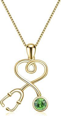 wholesale 14k Gold Plated Sterling Silver Birthstone Crystal Stethoscope Necklace-Perdiot Green