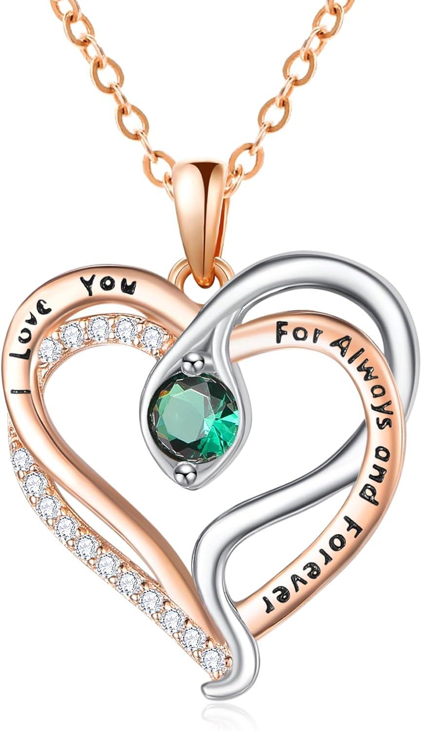 Sterling Silver Rose Gold Snake Pendant with Birthstone I Love You Always Forever Necklace Cute Animal Jewelry Gifts for Women-05 May - Emerald