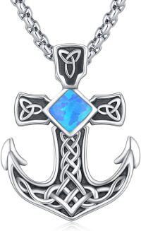 wholesale  Sterling Silver Moonstone Opal Turquoise Malachite Celtic Knot Anchor Necklace -A6-Blue Opal