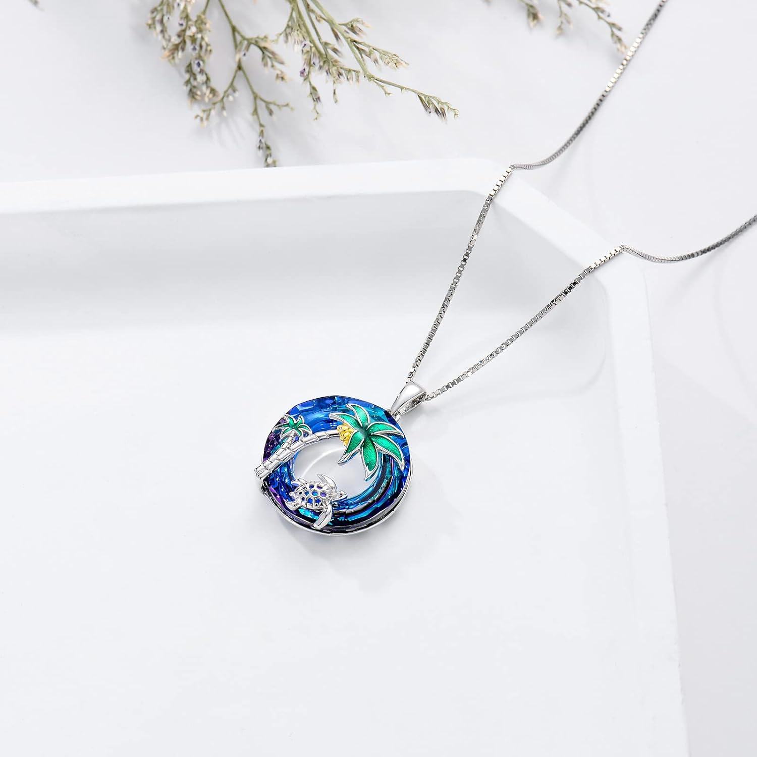 925 Sterling Silver Blue Crystal Sea Turtle & Palm Tree Necklace Pendant Jewelry-0-3