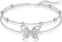 wholesale 925 Sterling Silver Pink Butterfly Anklet with Beads and Stones for Women-Butterfly C-October-Anklet 9''-11''