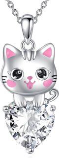 wholesale 925 Sterling Silver Cat Pendant with Heart-Shaped Crystal Stone - Cute Animal Charm Necklace for Girls and Boys-0-0