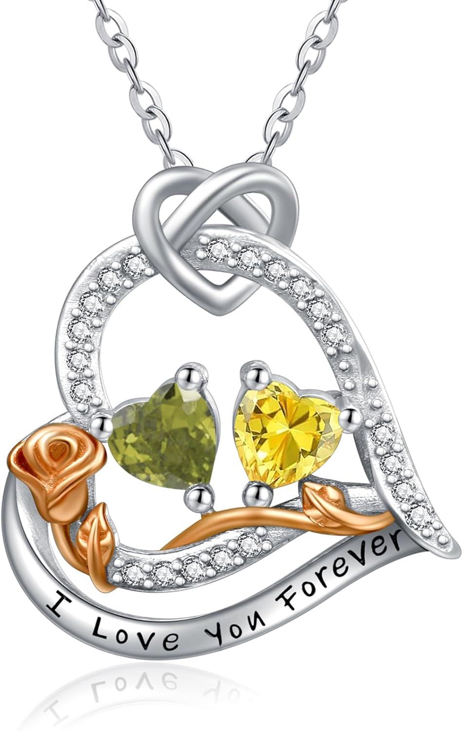  Sterling Silver 2 Birthstones Rose Heart Necklace for Women -08-11-Aug-Nov