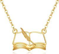 wholesale 14K Gold Open Book with Quill Pen and Heart Charm Necklace for Teachers & Readers-B