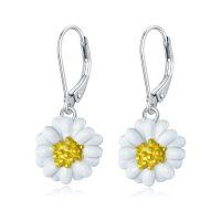 wholesale 925 Sterling Silver Daisy Flower Drop Earrings White Petals Gold Center Two Tone-Daisy Earrings\/White Oil Drop