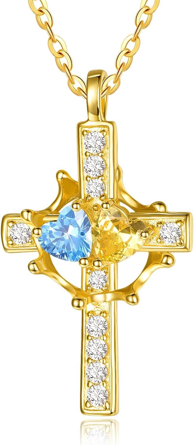 Sterling Silver Birthstones Gold Cross Necklace for Women -03-11-Mar-Nov-03-11-Mar-Nov