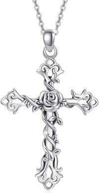 wholesale 925 Sterling Silver Rose Cross Pendant Necklace for Women (A-Rose Cross Necklace)-Rose Cross Neckalce 1