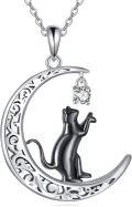 wholesale 925 Sterling Silver Crescent Moon with Black Cat and Cubic Zirconia Charm Pendant Necklace-0-0