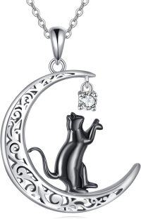 wholesale 925 Sterling Silver Crescent Moon with Black Cat and Cubic Zirconia Charm Pendant Necklace-A-Cat