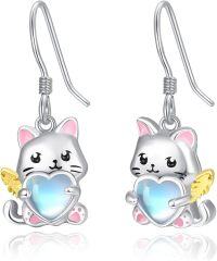 wholesale 925 Sterling Silver Moonstone Cat Angel Wing Heart Drop Earrings for Women-Cat