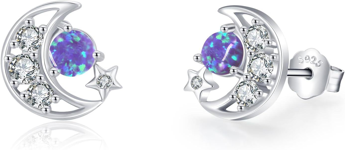 wholesale 925 Sterling Silver Purple Fire Opal Moon & Stars Stud Earrings Celestial s for Women Girls-0-0