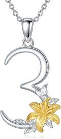 wholesale 925 Sterling Silver Gold Plated Lily Flower Pendant Necklace w/Number 2 Luck Charm-0-0