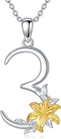 wholesale 925 Sterling Silver Gold Plated Lily Flower Pendant Necklace w/Number 2 Luck Charm-Number 3