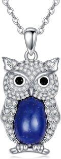 wholesale 925 Sterling Silver Blue Lapis Lazuli & White CZ Owl Pendant Necklace for Women Gifts-0-0