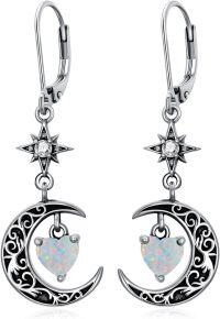wholesale Sterling Silver Moon Star Birthstone Dangle Earrings-10-Oct-White Opal