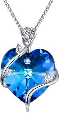 wholesale 925 Sterling Silver Sapphire Rose Heart Necklace - September Birthstone Flower Pendant Gift for Her-09-September