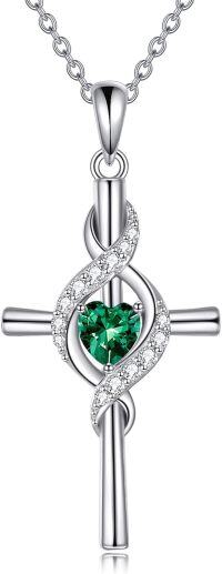 wholesale 925 Sterling Silver Birthstone Cross Pendant Necklace for Women-May-Green