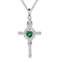 wholesale 925 Sterling Silver Birthstone Cross Pendant Necklace for Women-May-Green