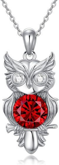 wholesale Sterling Silver Moonstone Owl Lab Grown Diamond Birthstone Necklace Pendant for Women-Red