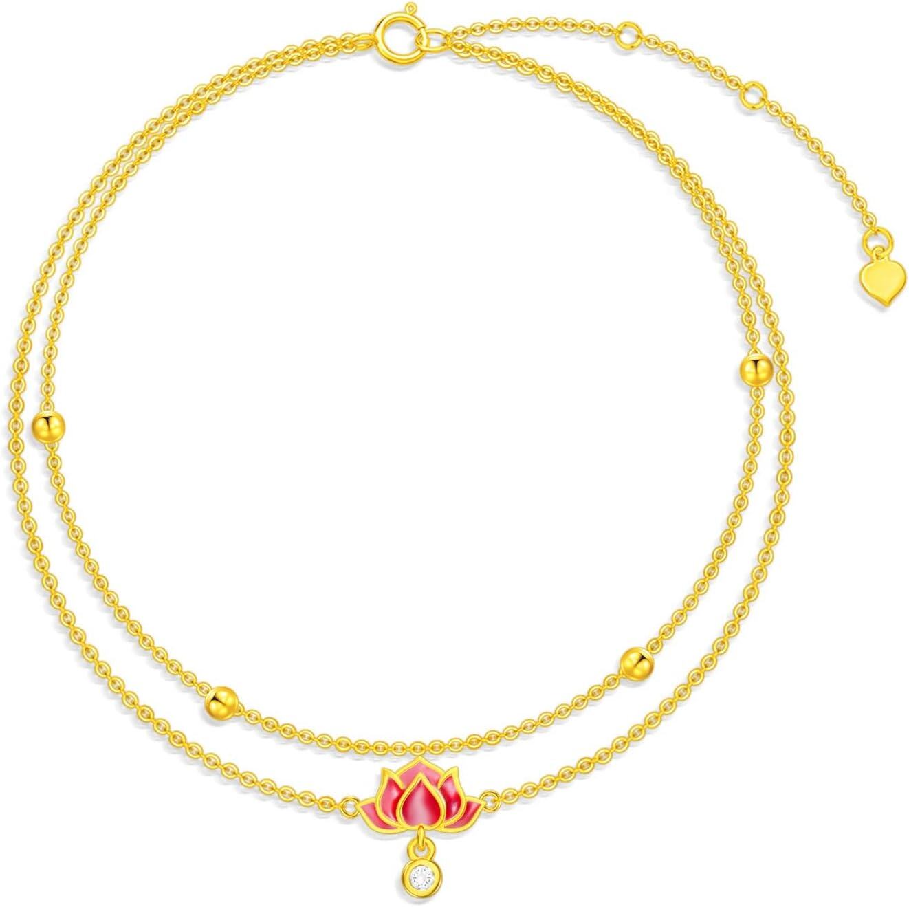 wholesale 14K Gold Beaded Lotus Charm Ankle Anklet for Women - Mothers Day Gift-0-0