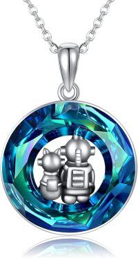 wholesale 925 Sterling Silver Blue Crystal Astronaut & Cat Mommy and Me Pendant Necklace-Astronaut
