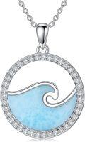 wholesale 925 Sterling Silver Larimar and Cubic Zirconia Ocean Wave Pendant Necklace-0-0