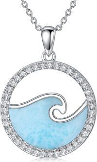wholesale 925 Sterling Silver Larimar and Cubic Zirconia Ocean Wave Pendant Necklace-02-Blue-Larimar