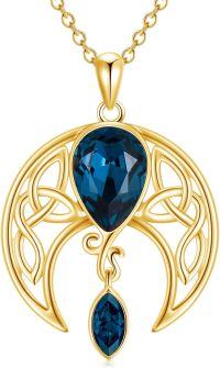 wholesale 925 Sterling Silver Birthstone Crystal Celtic Moon Goddess Pendant-09_ Simulated Sapphire (Gold)