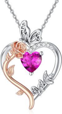 wholesale TOUPOP October Birthstone Necklace 925 Sterling Silver Rose Heart Pink Tourmaline Necklace Heart Butterfly Pendant Necklace Jewelry Anniversary Birthday Christmas Gifts For Women Her Wife Girlfriend -undefined