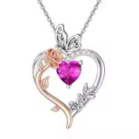 TOUPOP Sterling Silver Pink Tourmaline Heart Butterfly Pendant Necklace-undefined