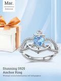 wholesale S925 Sterling Silver Anchor Ring with 1Ct Natural Aquamarine, Adjustable Love Gift for Women, Mom, Daughter - March Birthstone Jewelry for Birthday, Valentine's Day, Mother's Day-0-5